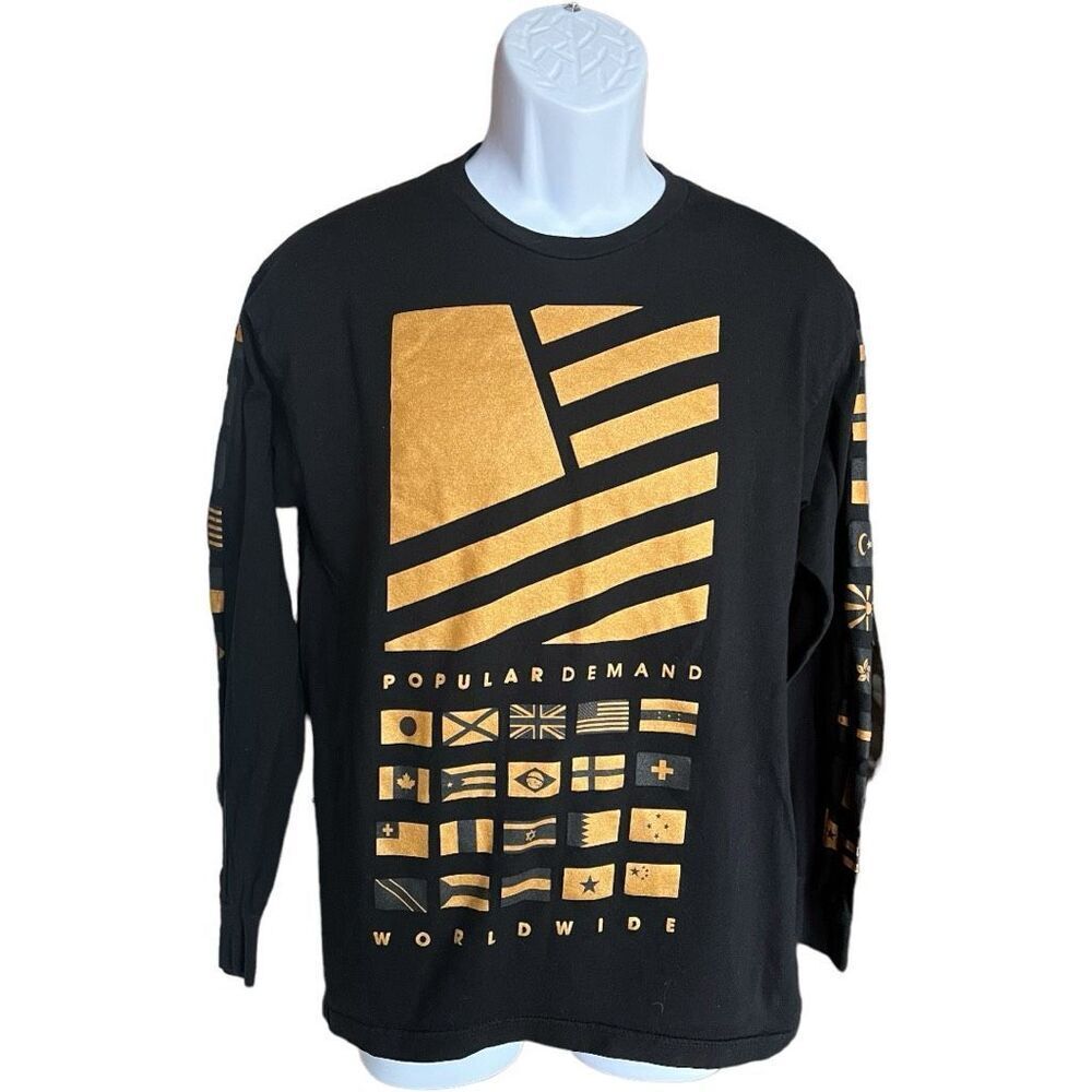 Mens Popular Demand Black Long Sleeve w Metallic Print Graphic Tee Shirt - Sz M